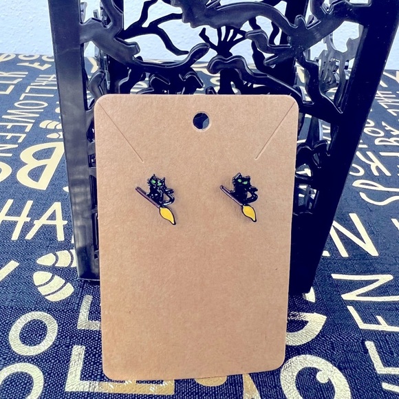 Halloween Stud Earrings - Cat on a Broomstick - Picture 1 of 3